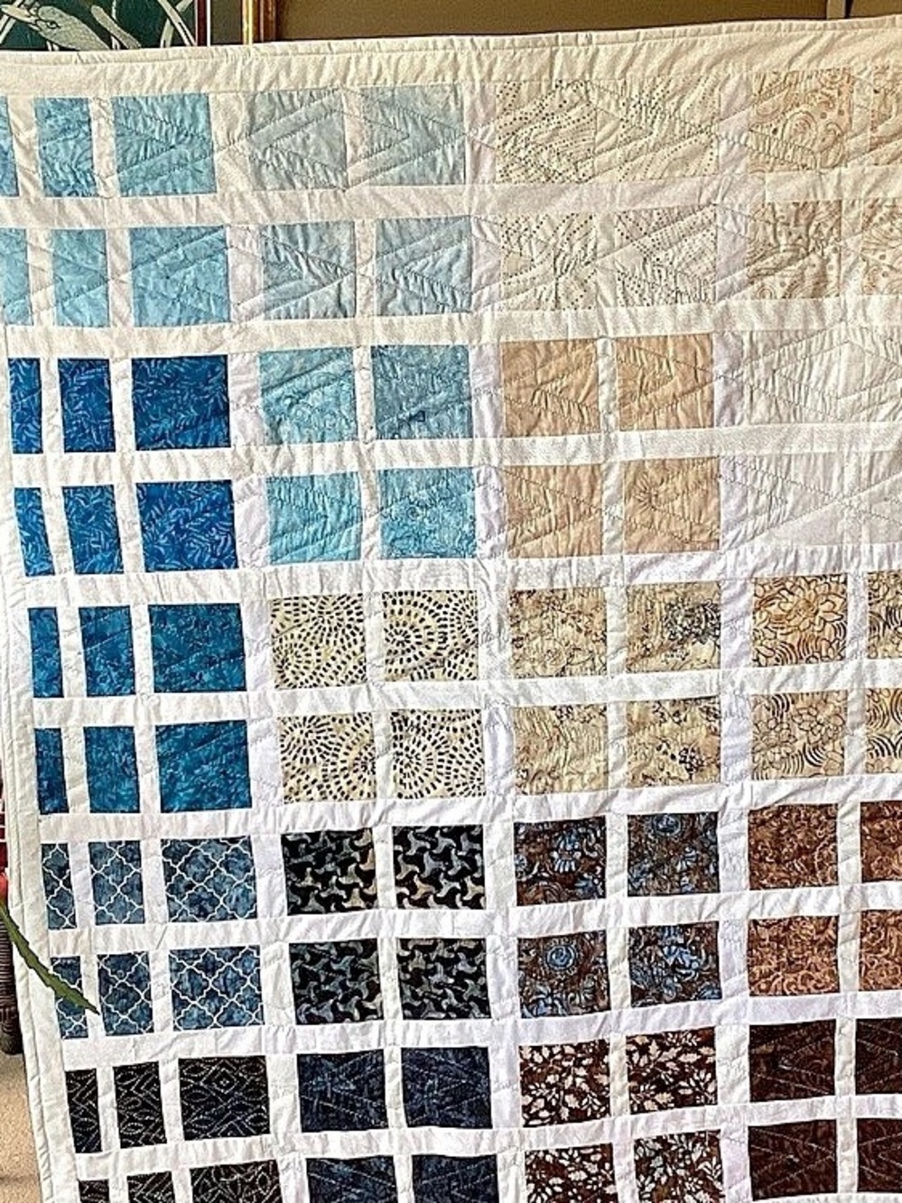 NWT. Hand Made Blue & White Geometric Batiks Patchwork Quilt